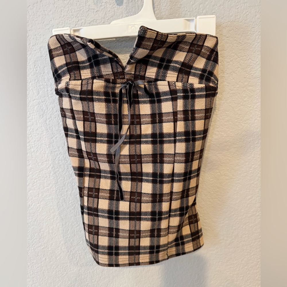 SHEIN Plaid Brown and Cream Strapless Top